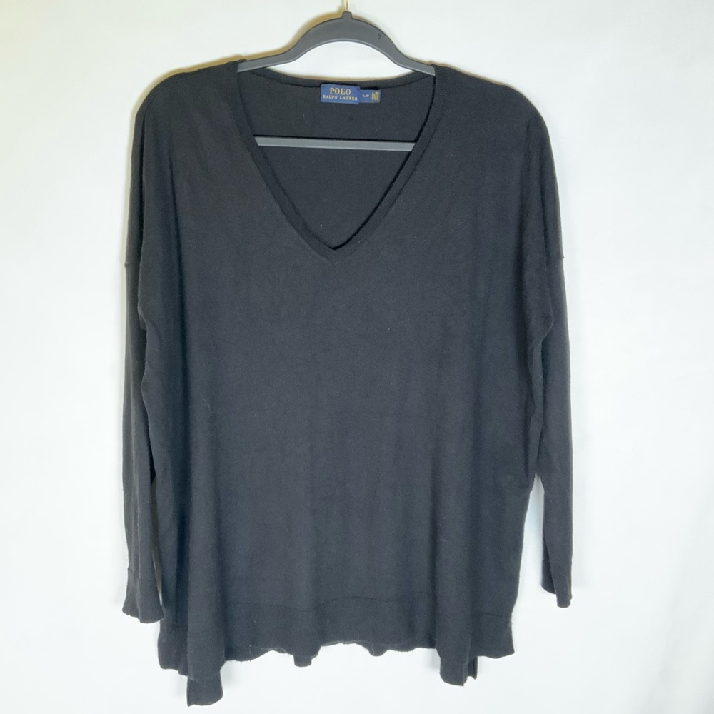 Polo Ralph Lauren Women’s Black V-Neck Tunic Sweater Wool Blend. Small Oversized